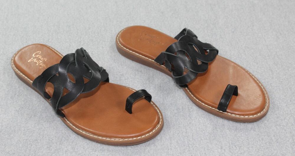 Crown Vintage Flat Sandals Women’s Size 6 Black Leather Toe Loop Slip-On